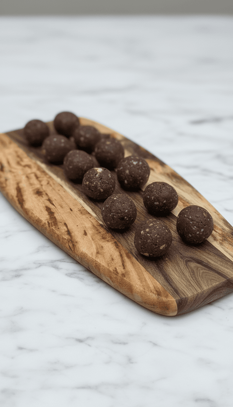 Chocolate bliss balls on wooden board