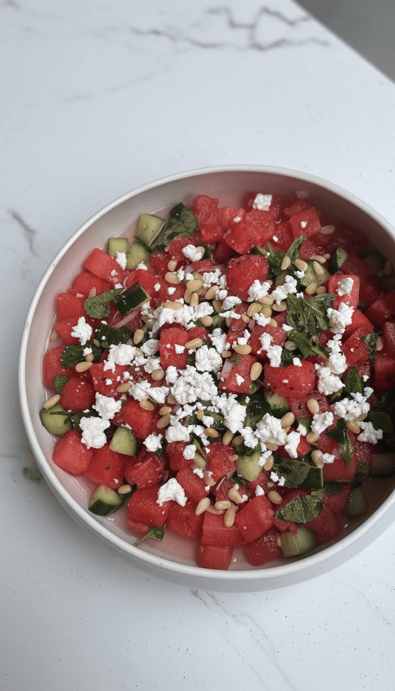 Watermelon feta salad with pine nuts